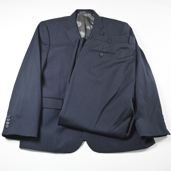 Joseph Abboud 44S 40x30 Navy Blue Striped 100% Wool Mens Jacket Pants Suit